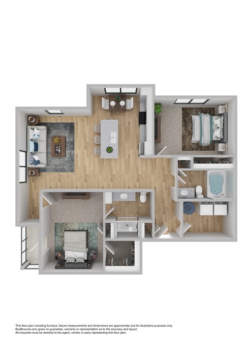 A floor plan of a furnished apartment with a living room, kitchen, and bathroom.